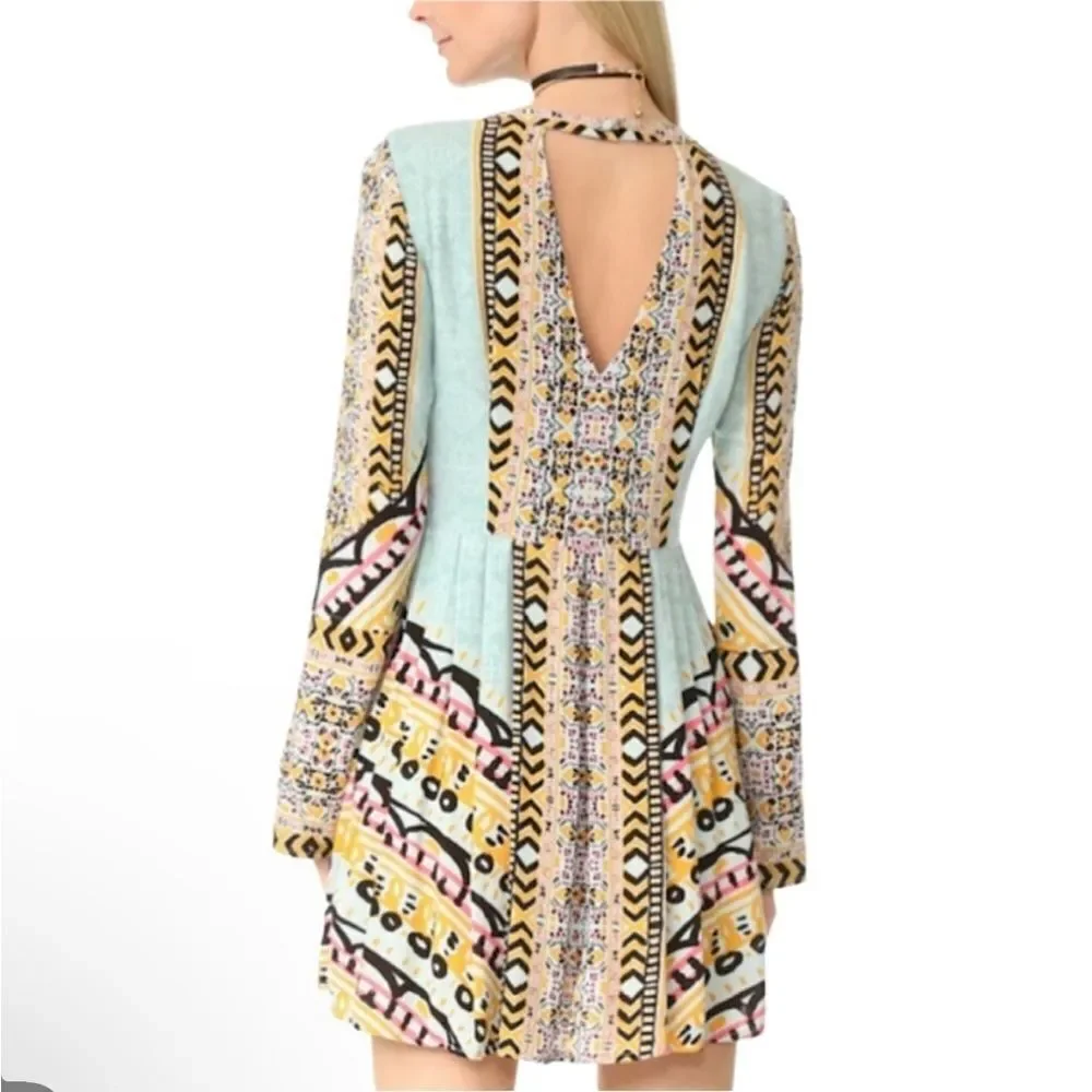 FREE PEOPLE | Teagan Boho Mini Dress Blue Yellow Pink Print Women’s Size 4